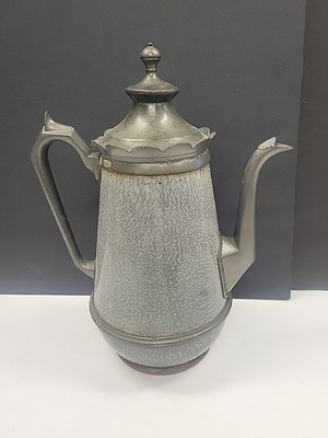 Antique Gray Graniteware Enamelware Teapot Pewter Trim Copper Bottom Band 9.5 