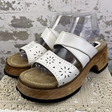 Vtg 90 s Y2K Bongo Wooden Platform Leather Sandals Sz 9.5M White Daisy Chunky