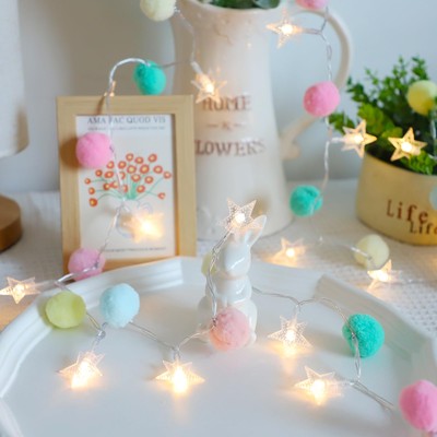 Indoor Pom Poms Star Lights - 6.56 Feet 20 LED Battery Operated Warm White Co...