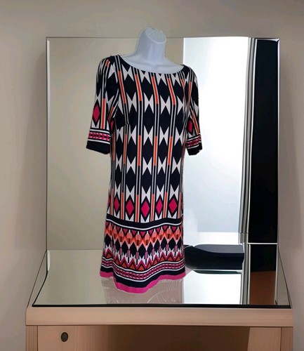 Eliza J Shift Dress 12 Abstract Print Artsy Stretch Knit Lined Back Zip Beachy