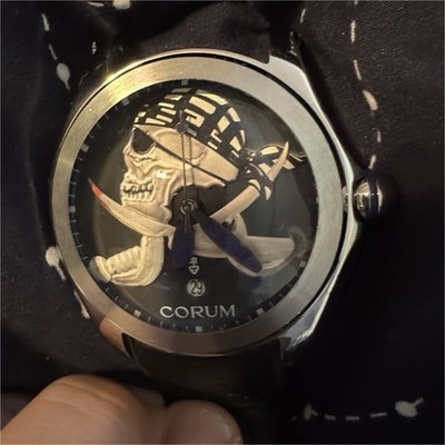 Corum Bubble Swiss Made Automatic Skull Dial Steel Case Black Leather Strap