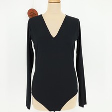 Wolford Womens V-Neck Long Sleeve Thong Bodysuit Black Size Medium NWT