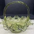 FENTON 1960's COLONIAL GREEN GLASS THUMBPRINT RUFFLED CRIMPED 8” BASKET Ja529