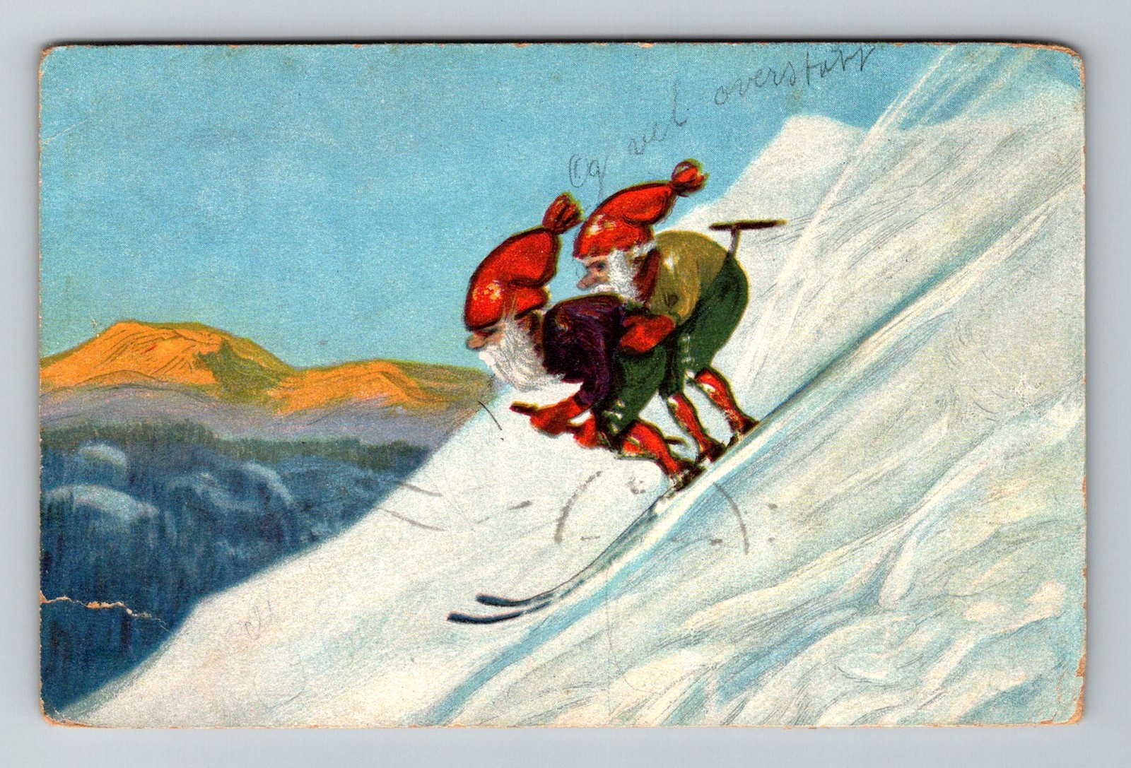 Norway- Oslo Souvenir Comic Men Skiing Down A Mountain PC Vintage c1929 Postcard