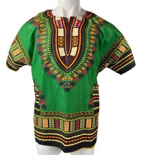 Dashiki Shirt Men Women L/XL Tunic Tribal African Pattern Green Pockets 30 