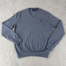 Polo Ralph Lauren Sweater Mens Medium Blue Heather Washable Merino Wool V Neck