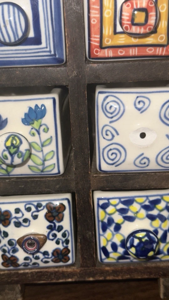 Apothecary 6 Hand Painted Ceramic Drawers Wooden Cabinet Tea Trinket Box Boho - Image 4 of 4