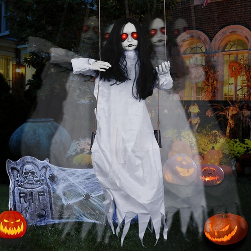 3.9 Ft Scary Halloween Decorations Hanging Swinging Girl with Sound & Touch A...