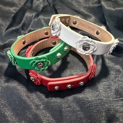 Rustic Cuff Bracelet Set OS Red Green White Leather Christmas Flower Studded