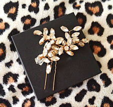 Gold Tone Clear Rhinestone Crystal Floral Flower Hair Pins Wedding