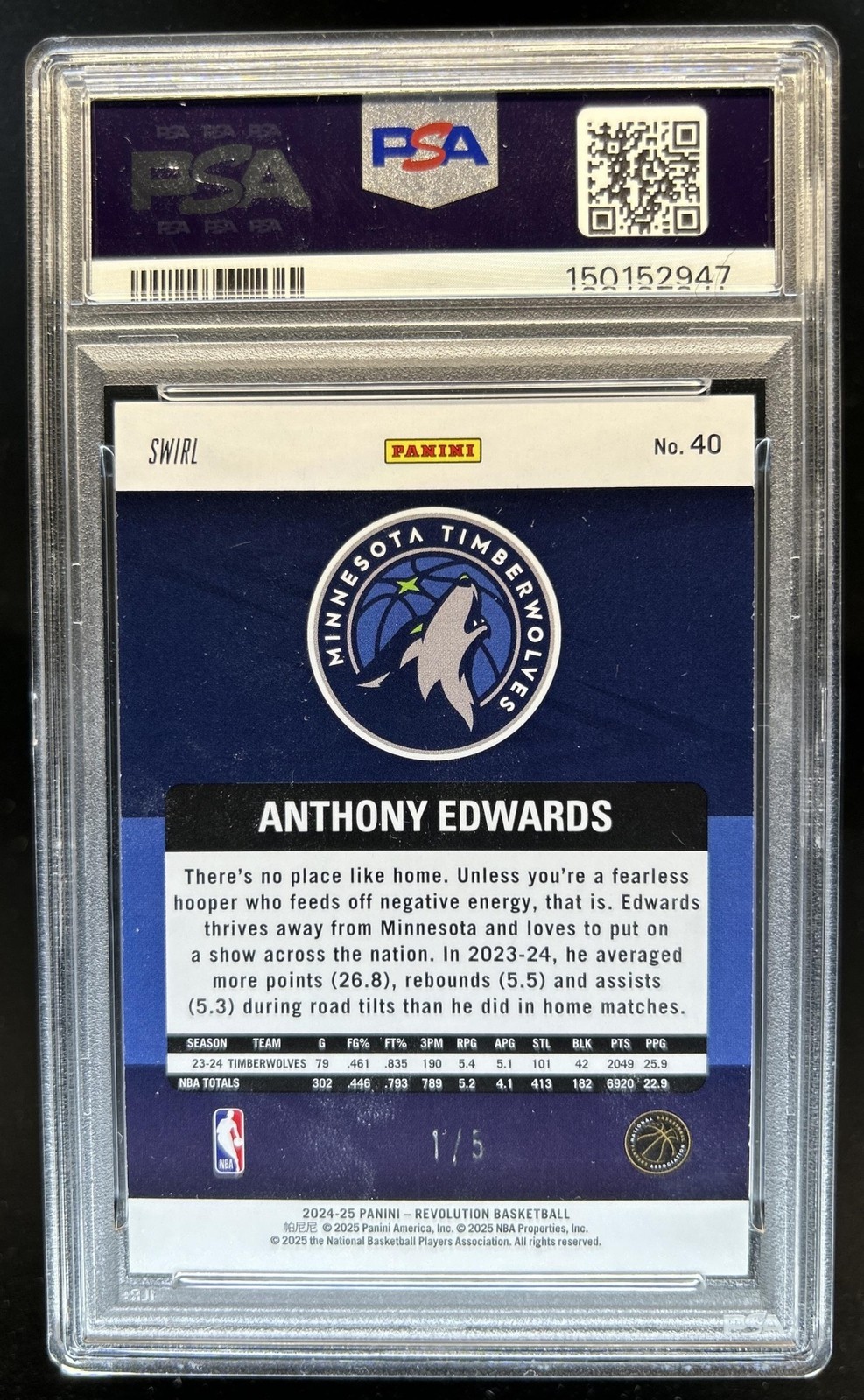 2024-25 Panini Revolution Anthony Edwards Purple Swirl #/5 Timberwolves PSA 9 view 2