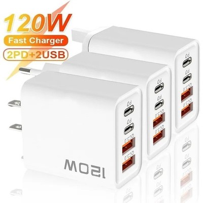 PD 120W 4-Port USB-C Charger   Quick Charge 3.0 Fast Adapter for iPhone, Samsung