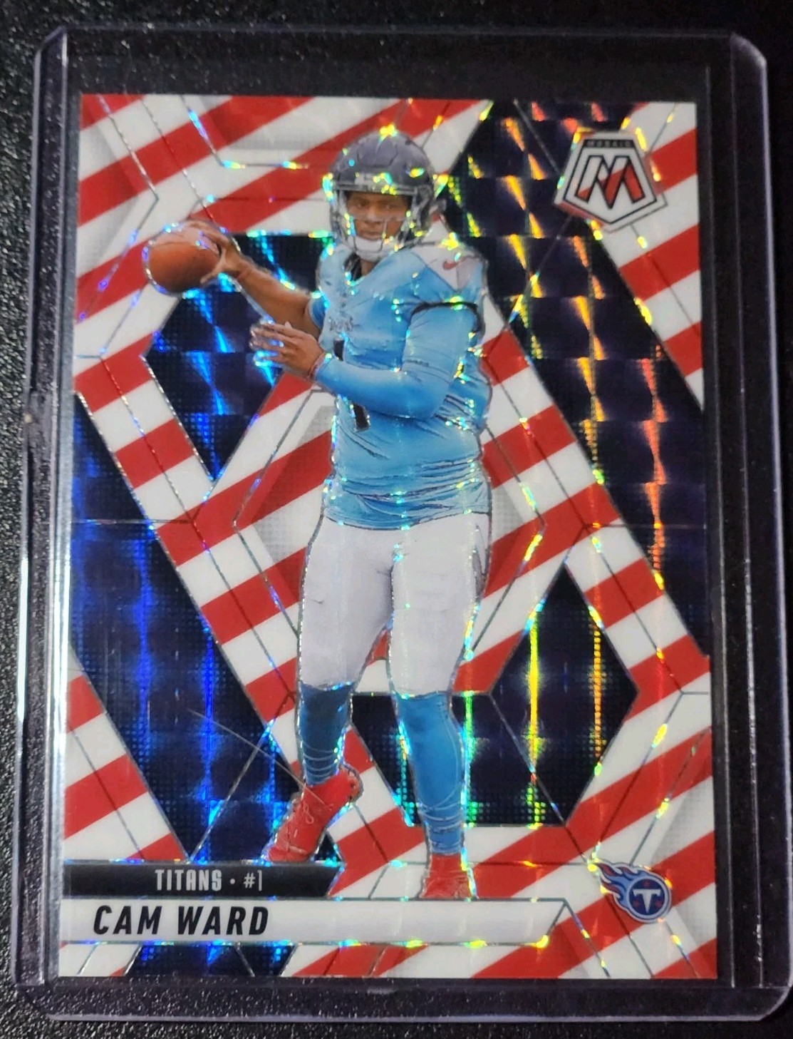 2025 Panini Mosaic #382 Cam Ward RC Holiday Red and White Stripe Titans