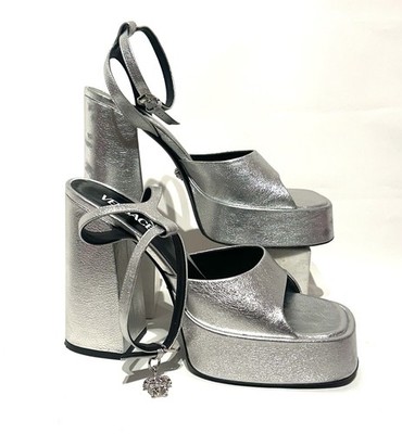 Versace Medusa Logo Charm Metallic Silver Leather Platform Sandals Pumps Size 10