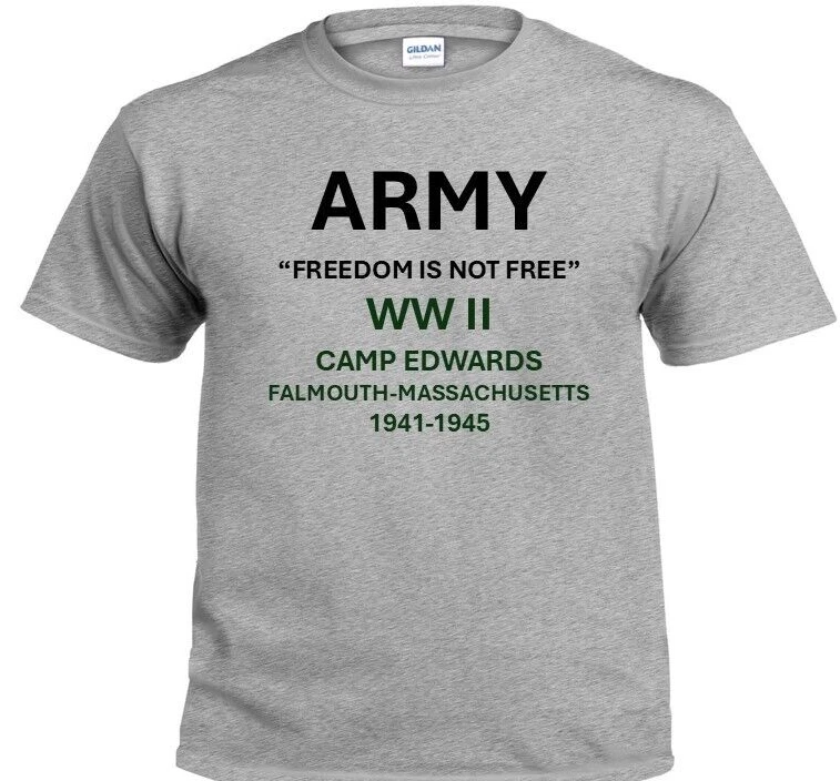 CAMP EDWARDS* FALMOUTH-MA*1941-1945*WW II*PT SHIRT. OFFICIALLY LICENSED