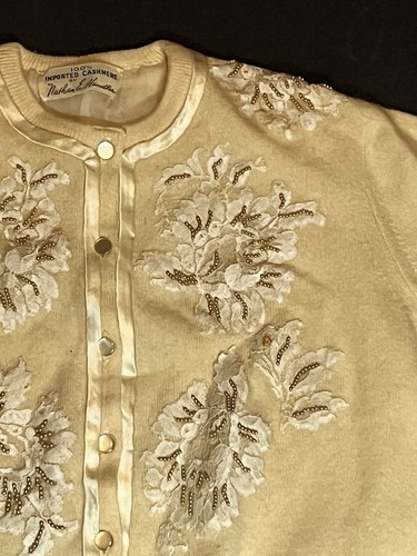 Nathan Handler VGT Beaded Embroidered Ivory Cardigan Sweater Imported Cashmere - Picture 5 of 22