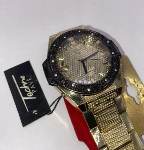 Reloj de moda Techno Pave dorado y negro para hombre - Imagen 3 de 4