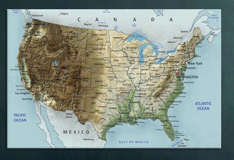 3D large map of USA print wall art decor framed States cities of America relief  - Image 2 of 4