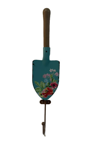 Pionnière femme pelle en métal bois crochet suspendu turquoise avec fleurs décoration - Photo 1 sur 4