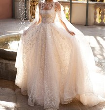 Shiny Beading Wedding Dresses Backless With Shawl Sequins A-Line Bridal Gowns
