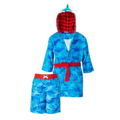 Saint Eve Boys Shark SwimTrunks W/ Robe Cover Up Hoodie Costume Size S (7/8)