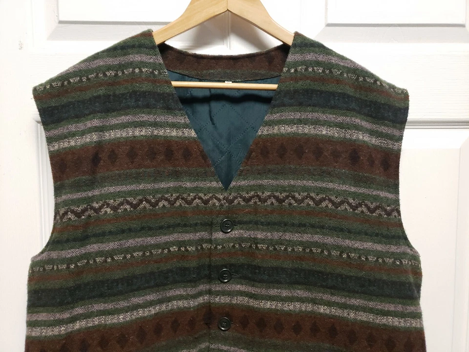 Vintage Rafio Mens Wool Vest Size 46 Brown Green Black Stripe Button Down - Image 3 of 4