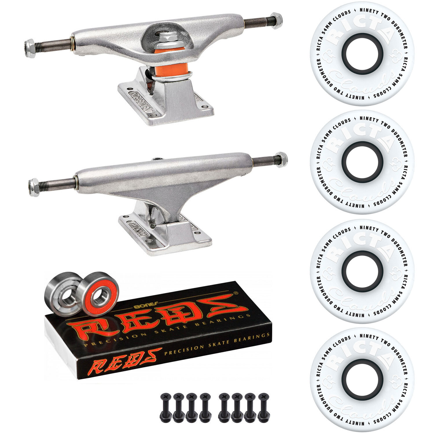 Independent Trucks Ricta SKATEBOARD 92a Clouds Wheels PACKAGE Reds Bearings