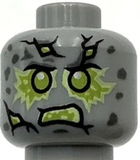 Lego New Light Bluish Gray Minifigure Head Dual Sided Stone Cracks Lime Energy