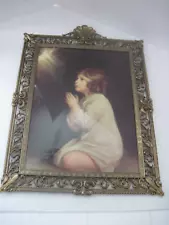 VINTAGE RELIGIOUS PRINT of A CHILD PRAYING under CURVED GLASS METAL FRAME ITALY