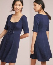 ANTHROPOLOGIE Maeve JULIET CORSETED DRESS Knit Navy Blue Fit & Flare Sz 0 XS