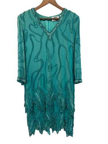 Vtg Nite Line Evening Dress Womens size 14 Aqua Silk Beaded Sequin Tiered Shift - Picture 12 of 12