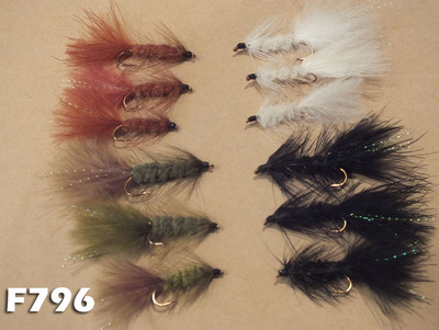 Woolly Bugger 12 Assorted Flies Black White Olive Brown  Sizes 6 8 10  F796