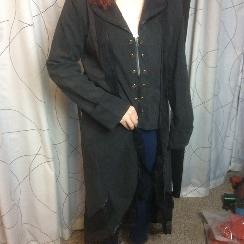 NEW Steampunk Goth Long Coat Lace Collar Black Trench Vampire Womens Size S - Picture 12 of 12