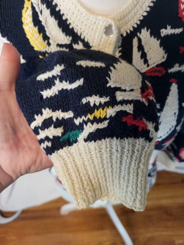 Vtge Orvis Size M Navy Blue Knit Cardigan Sweater Sail Boats Ramie Cotton Blend - Picture 4 of 7
