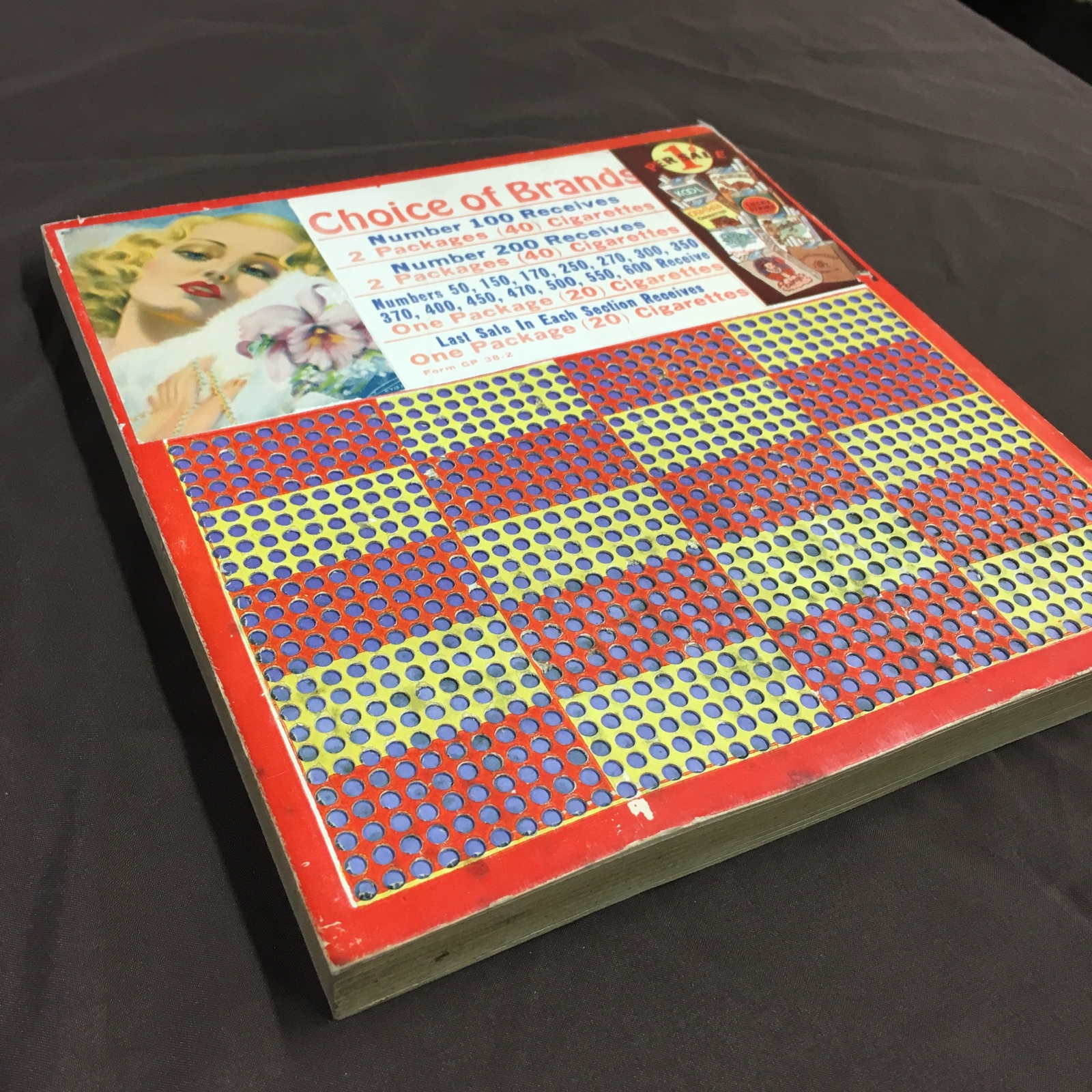 Vintage Choice of Brands CIGARETTES Punch Board, Lottery, Kool, Camel