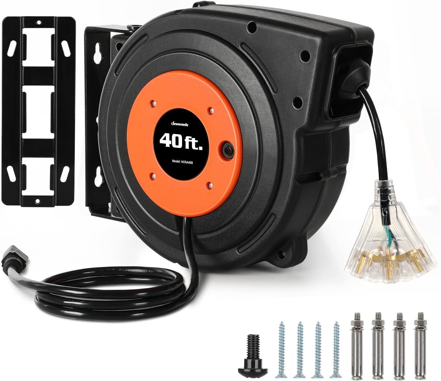 Retractable Extension Cord Reel, 40 FT Heavy Duty Power Cord, 12AWG/3C Black-image