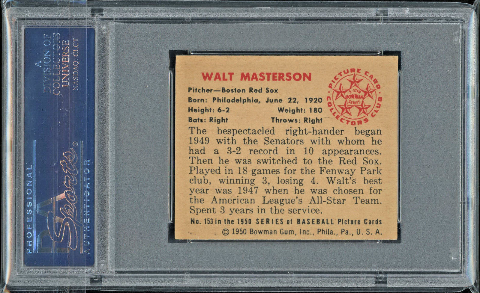 1950 Bowman #153 Walt Masterson PSA 6 Boston Red Sox Vintage Baseball Card view 3
