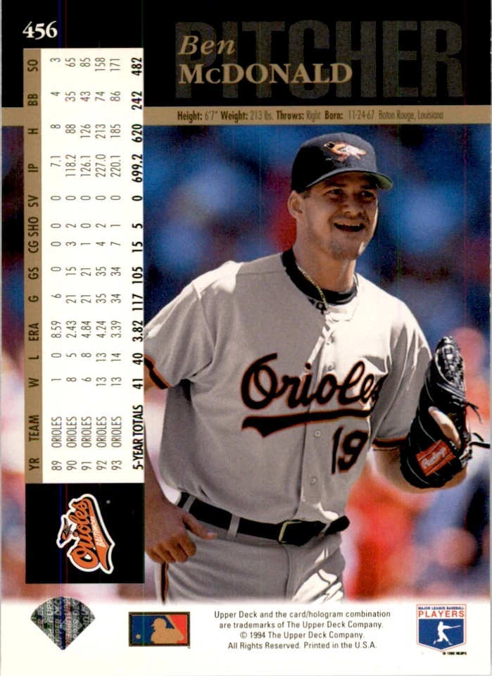 1994 UPPER DECK BEN MCDONALD BALTIMORE ORIOLES #456 - Image 2 of 2