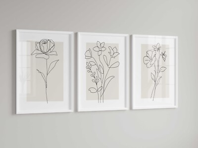 Neutrale Wandbilder, Botanical Line Art, 3er Set Beige Pflanzendrucke