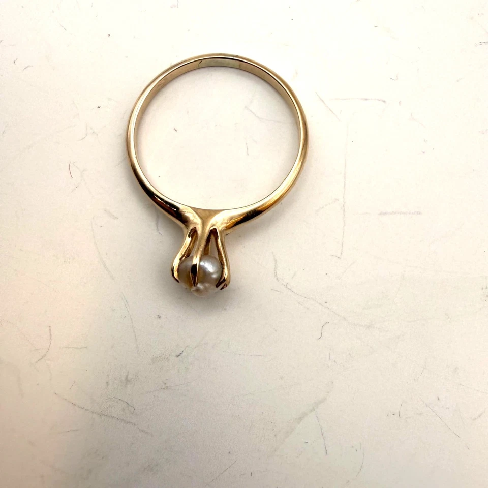 Винтажное кольцо из 14-каратного золота с проверенным пресноводным жемчугом и солитером желтое золото без маркировки - Изображение 3 из 4