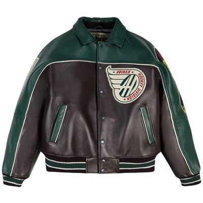 Avirex Hockey Leather Jacket Cow Leather Bomber Coat Varsity Men