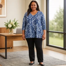 Chico's Top Women's Size 4 (2X) Blue Dusk Colorful Dots 3/4 Sleeve Pullover NWT