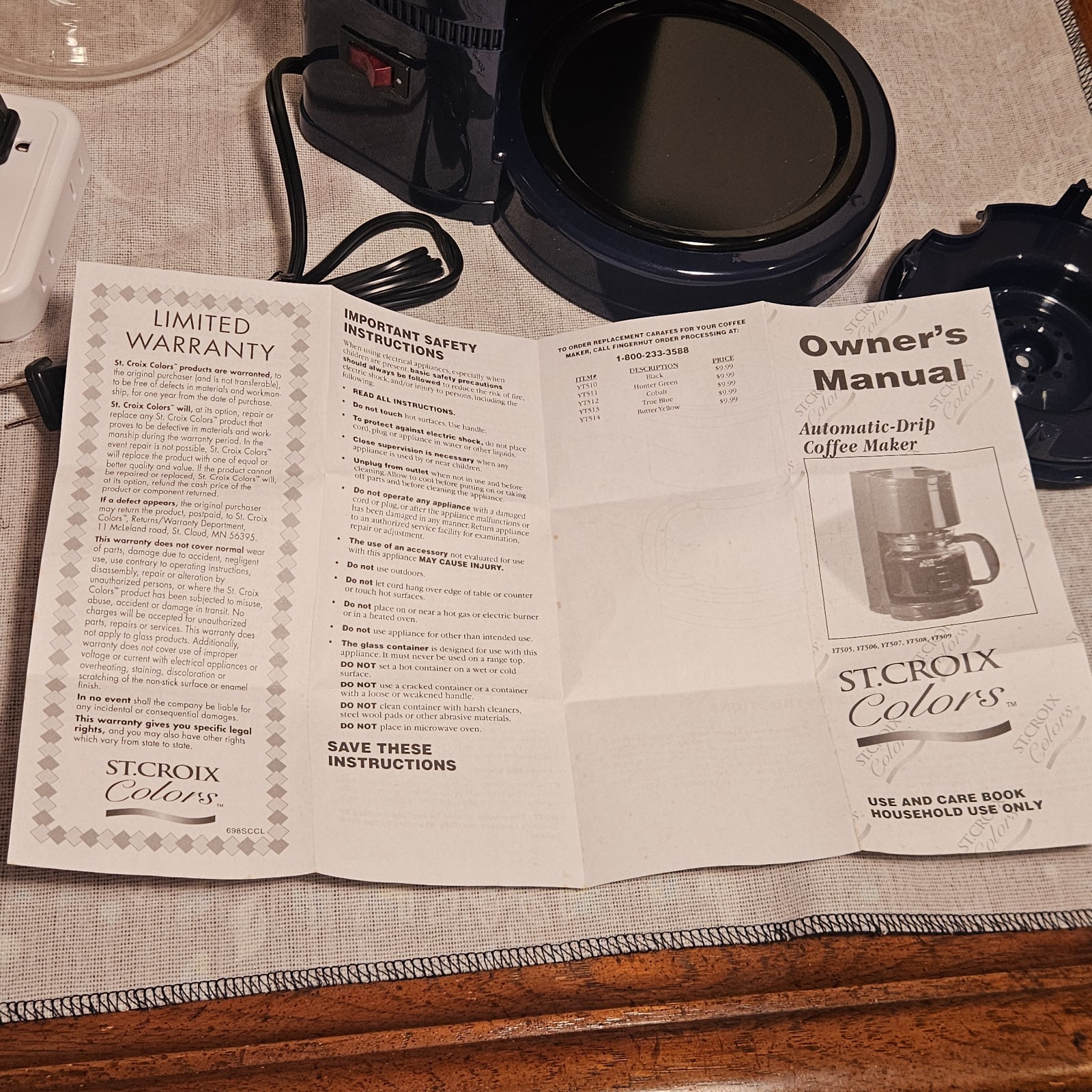 St. Croix Colors Blue 12 Cup Automatic Drip Coffee Maker W Instruction Manual