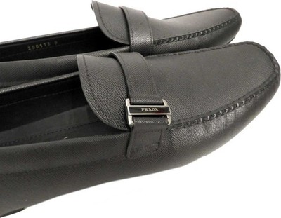 PRADA Driving Loafers Shoes Black Saffiano Leather Moccasins Sz 9UK- 10S Logo