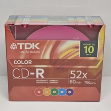 TDK Color CD-R 48X 80min 700MB 10 Pack New In Package Color CDs & Cases