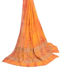 Sushila Vintage Tie-Dye Dupatta Red Yellow Pure Georgette Hand Beaded Long Stole