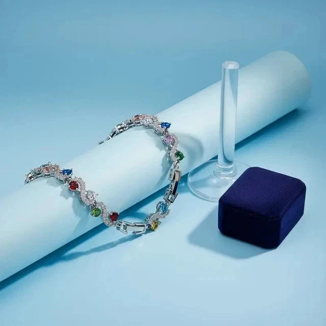 15Ctw Round Cut Lab Created Multicolor Women's Bracelet 14K White Gold Plated 8" - Image 3 of 4