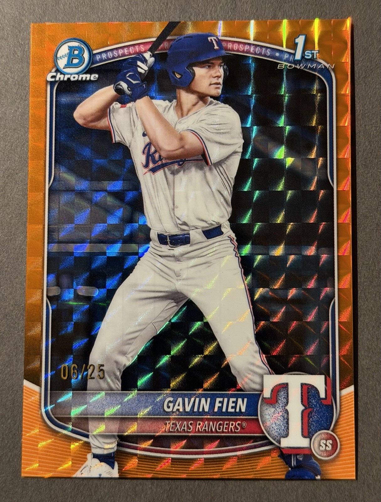 2025 Bowman Draft Gavin Fien Chrome Orange Geometric Refractor 1st 06/25 Rangers
