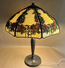 Antique Handel Arts & Crafts Trellis Rose 8 Panel Slag Glass Table Lamp Signed