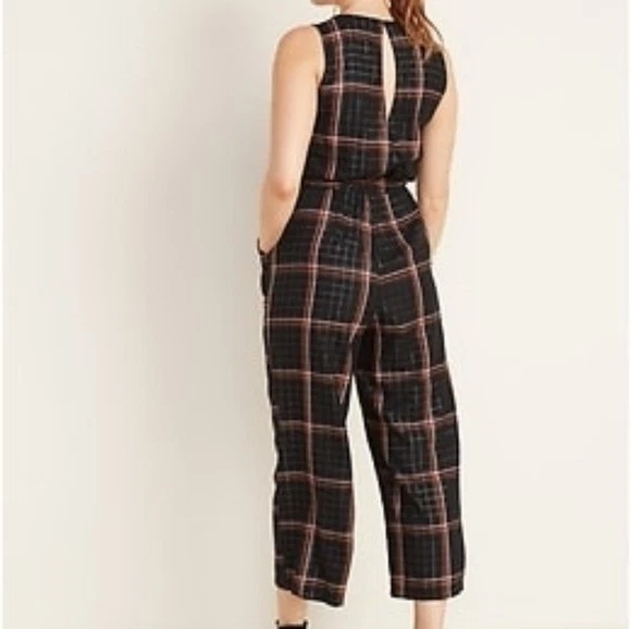 Mono Antiguo Azul Marino Negro Naranja A Cuadros Sin Mangas Recortado Pierna Ancha Talla XXL Foto 2 de 4